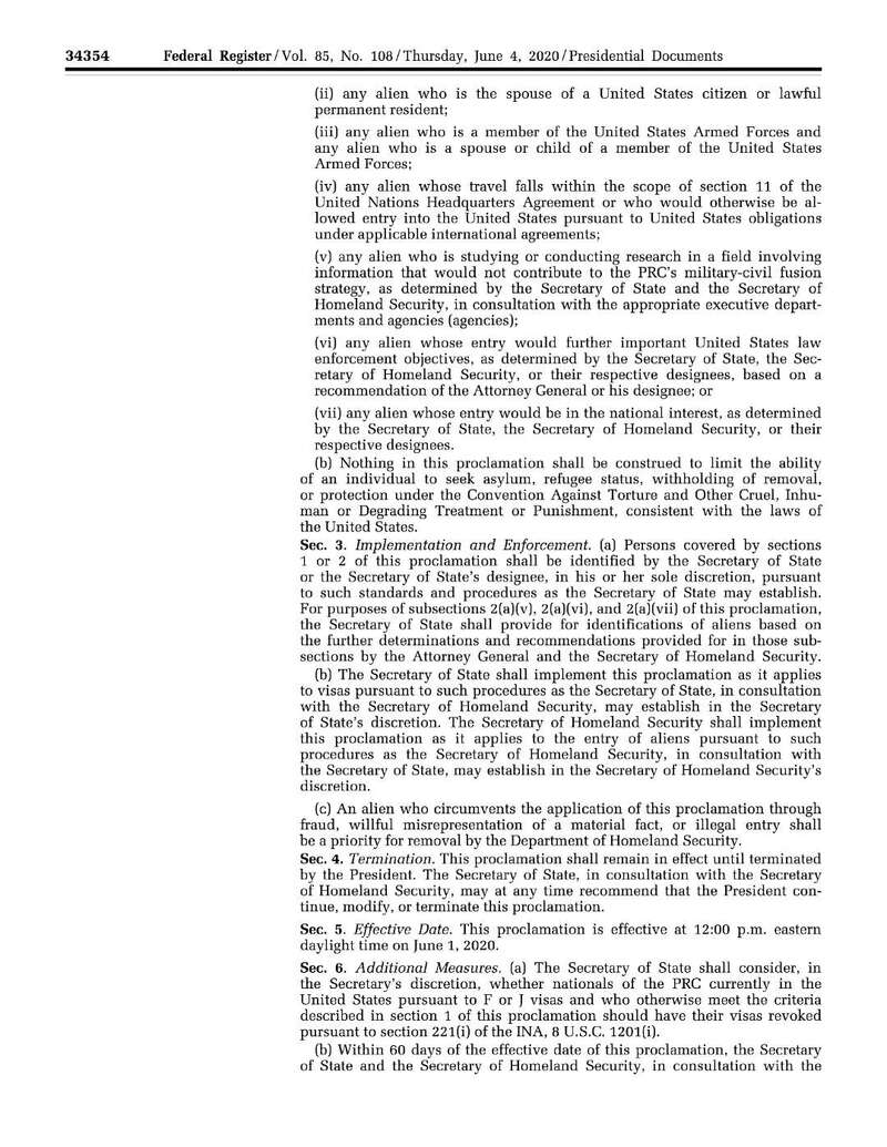 第 10043 号总统公告“暂停中华人民共和国某些学生和研究人员作为非移民入境” ...