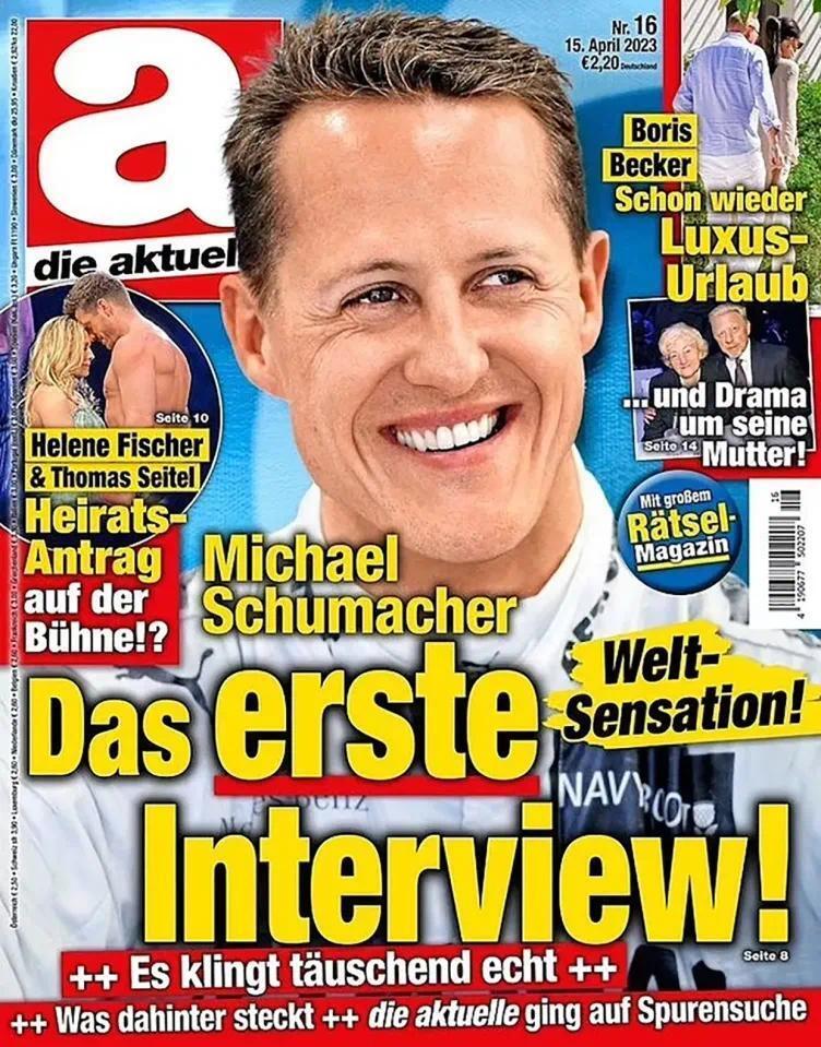 《Die Aktuelle》刊登了一张舒马赫微笑的照片，并在旁边配上“Welt-Sensation”“Michael Schumacher Das e ...