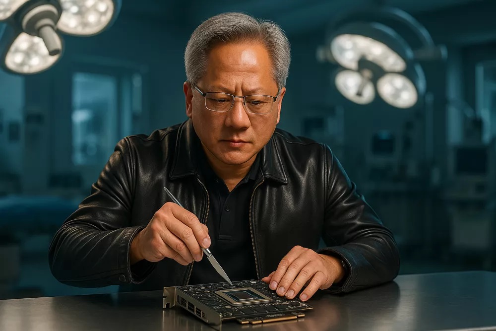 黄仁勋穿着标志性黑色皮衣，站在一个明亮冷色调的现代手术室