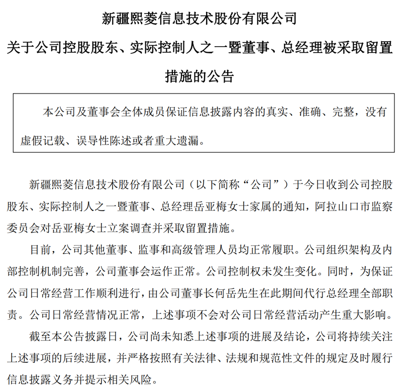 熙菱信息实控人之一暨董事、总经理岳亚梅被采取留置措施