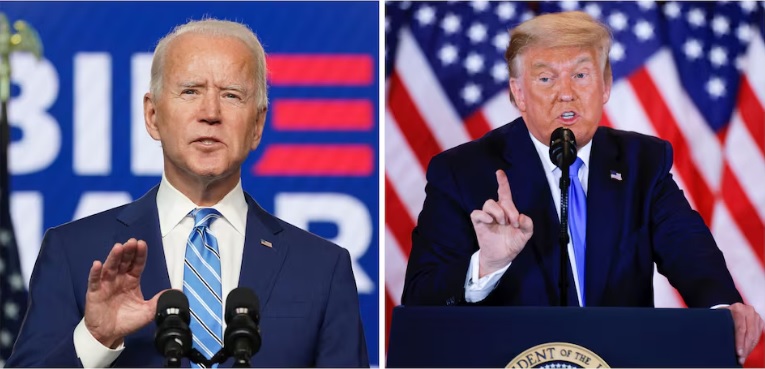 民主党美国总统候选人乔·拜登与美国总统唐纳德·特朗普谈论2020年美国总统选举初步结果的组合照片 ...